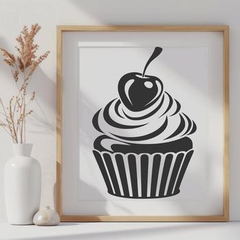 A digital illustration of a cupcake featuring a layered cake design with frosting and decorations.