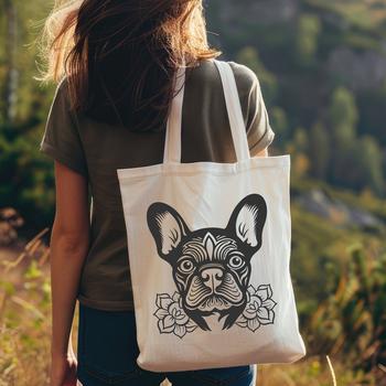 Illustration of a French Bulldog's head with ornate floral patterns.
