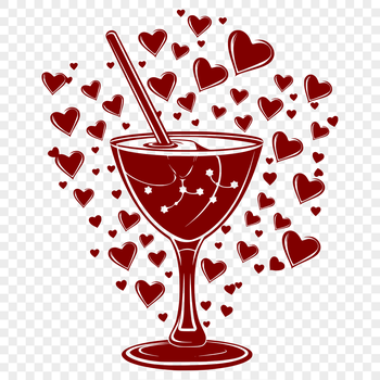 A colorful cocktail served in a glass with love hearts surrounding the rim.
