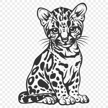 A close-up illustration of a wild ocelot sitting in its natural habitat.