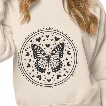 A colorful butterfly with hearts on its wings, depicted in a simple vector style.