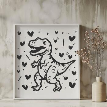 A detailed illustration of a full-body Tyrannosaurus Rex dinosaur with heart symbols throughout its body.