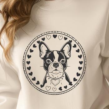 A cute Boston Terrier dog breed with heart symbols surrounding its head, suitable for personal or commercial projects.