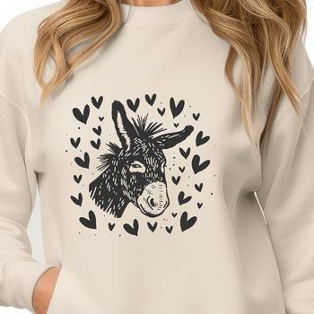 A simple illustration of a donkey's head with love hearts surrounding its face.