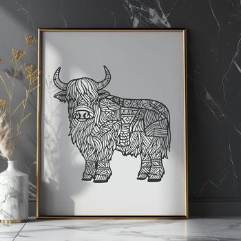 Highland cattle breed in a full-body illustration suitable for vector art designs.