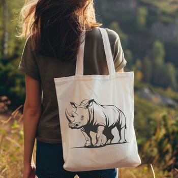 A digital illustration of a rhino in a safari setting.