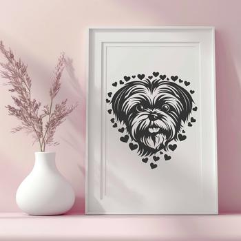 Close-up vector illustration of a Shih Tzu dog's head with love hearts.