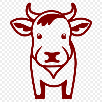 A simple line drawing of a cow standing on a farm, showcasing its full body.