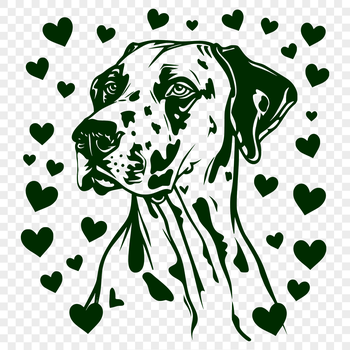 Illustrated portrait of a Great Dane with love hearts surrounding its head, suitable for vector art and digital design.