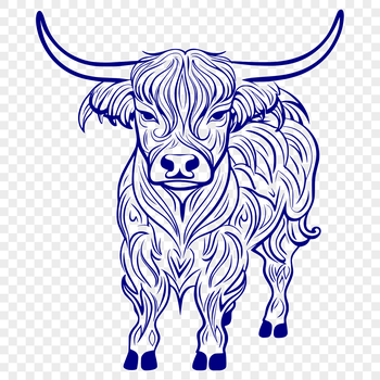 A vector illustration of a standing Highland cow with distinctive horns and shaggy coat.