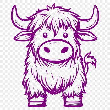 A standing Highland cow with distinctive horns and coat pattern.
