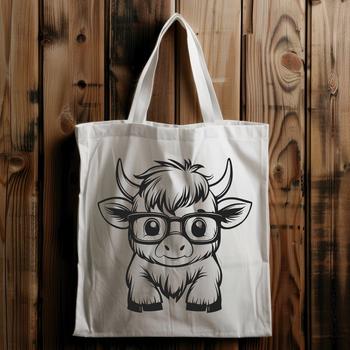A full-bodied Highland cow standing on a rural landscape, wearing glasses.