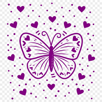 A colorful butterfly with love hearts on its wings in full body view, suitable for gardening and craft projects.