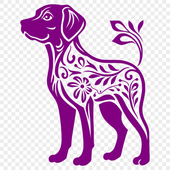 A full-body illustration of a standing Labrador Retriever surrounded by ornate floral patterns.