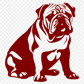 A full-body illustration of a bulldog sitting on the ground.