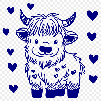 A full-body illustration of a Highland cow in a farm setting.