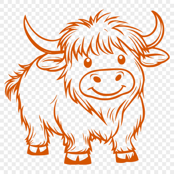 A full-body illustration of a standing Highland cow in a farm setting.