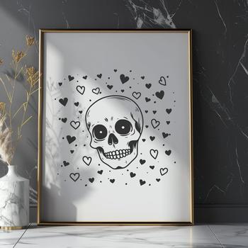 A stylized skull design featuring love hearts, suitable for use in various digital formats.