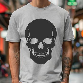 A simple black silhouette of a skull against a white background.