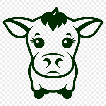 A simple line drawing of a standing cow from the front, with a calf by its side.
