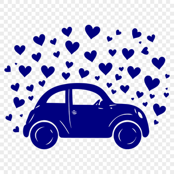 A stylized illustration of a car with love hearts integrated into the design.