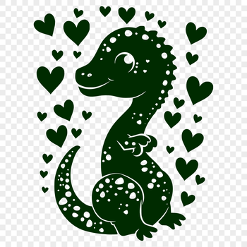 A stylized illustration of a baby dinosaur with love hearts surrounding its body.