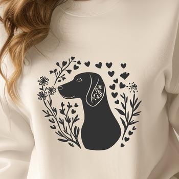 A vector illustration of a Weimaraner breed dog surrounded by floral patterns with love hearts.