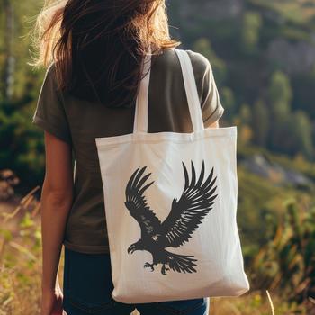 A detailed illustration of a flying eagle from the side, showcasing its feathers and wingspan.