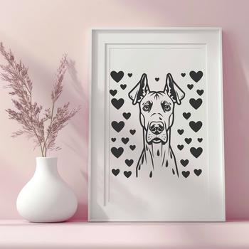 Large breed dog with loving expression and heart symbols surrounding its head.