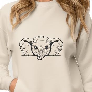 Illustrative illustration of a cute elephant head peeking out from behind foliage in an African savannah setting