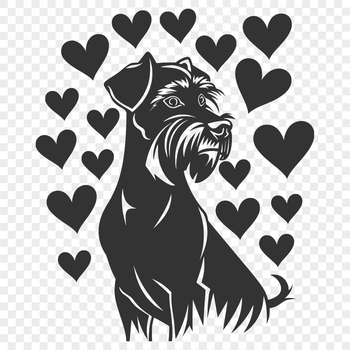 A miniature dog breed with a distinctive beard and eyebrows, surrounded by heart-shaped elements.