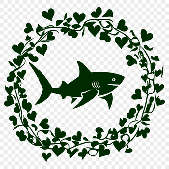 A cartoon shark in a floral pattern with love hearts surrounding its body.