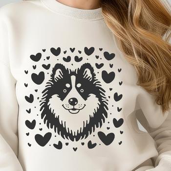 A high-quality illustration of a Shetland sheepdog's head with heart designs incorporated into its fur.