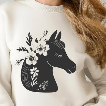 A digital illustration of a horse featuring floral patterns.