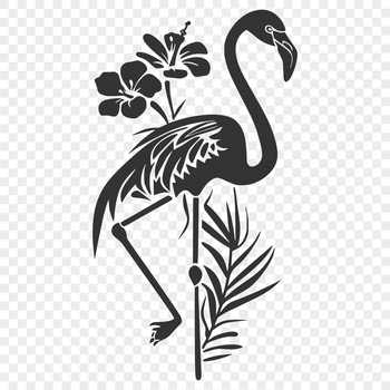 A full-body illustration of an ornate flamingo standing on one leg.