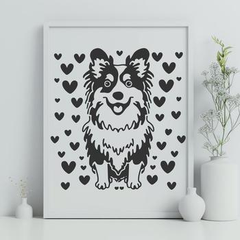 A full-body illustration of a seated Shetland Sheepdog with heart motifs.