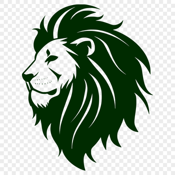 An illustration of a majestic lion's head with shaggy fur and regal expression.