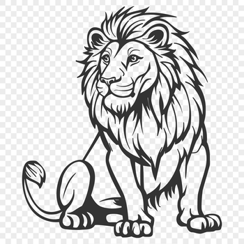 A sitting lion in profile, its fur and whiskers detailed with texture.