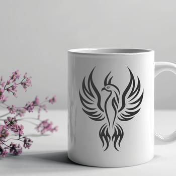A simple line drawing of a mythical creature, depicted as a full-body phoenix with feathers and flames.