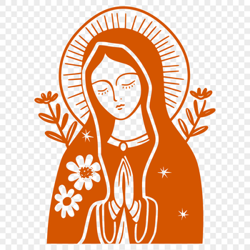 Ornate illustration of the Virgin Mary surrounded by floral motifs in a traditional religious style.