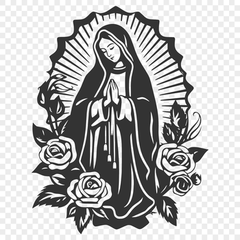 A full-body portrait of the Virgin Mary surrounded by ornate floral patterns in a traditional religious style.