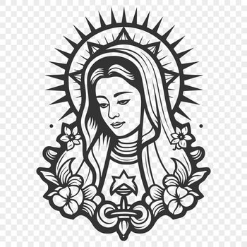 A detailed illustration of the Virgin Mary surrounded by intricate floral patterns.