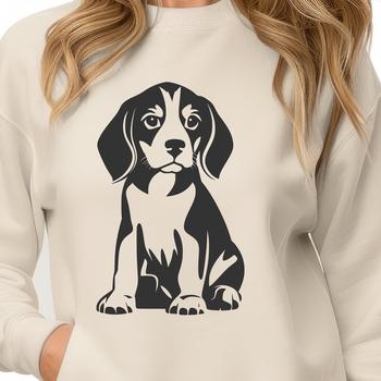 A full-body illustration of a beagle sitting on its haunches, depicted in a simple vector style suitable for various uses.