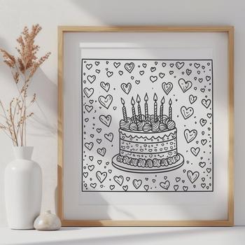 A colorful illustration of a birthday cake decorated with love hearts and festive elements.