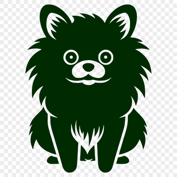 A small, fluffy dog with a curved tail and erect ears, depicted in full body sitting position.