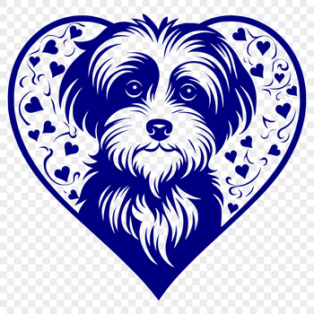 A small white dog with a curly coat and loving expression, surrounded by tiny hearts.