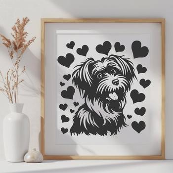 A vector illustration of a playful Havanese dog with love hearts surrounding it.
