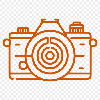A simple line drawing of a camera with a lens and body, suitable for clip art or vector design.