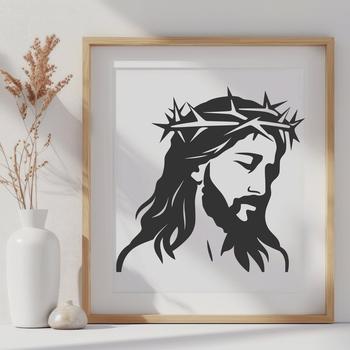 Illustration of a head shot of Jesus in a simple, graphic style.