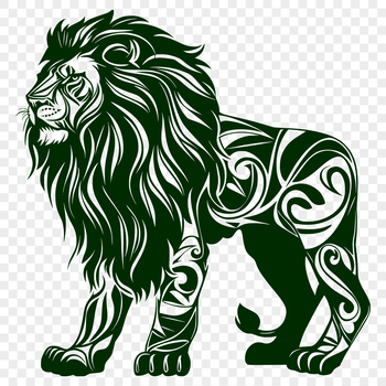 A realistic illustration of a lion standing on all fours, showcasing its majestic fur and regal demeanor.